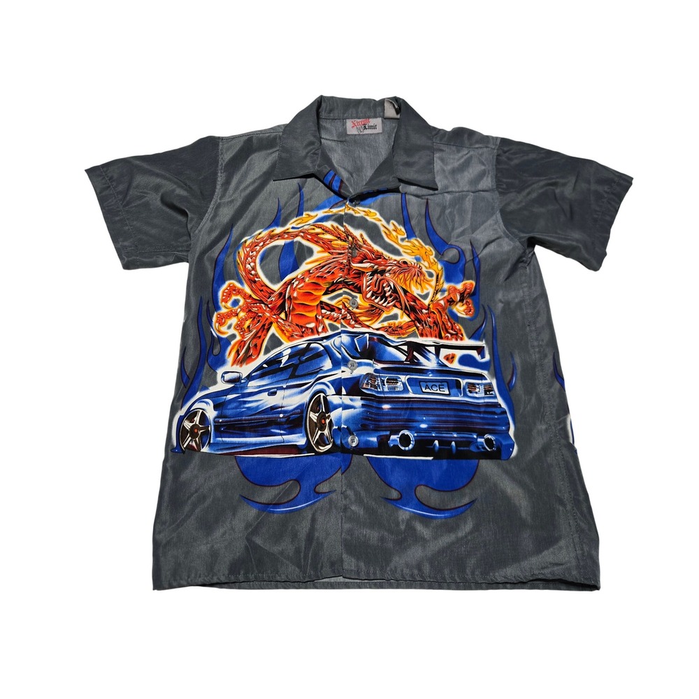 Xtreme Limit Dragon Car Graphic Button-Up Shirt Y2K‎ Streetwear Gray Men's S